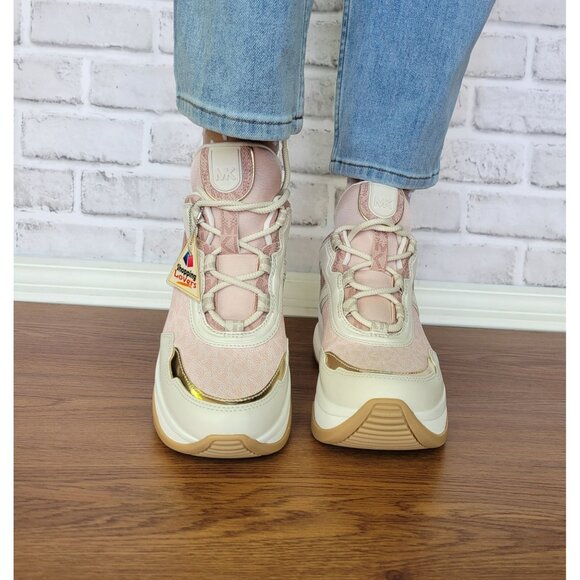 ❤️Michael Kors Olympia Mixed Media Trainer Platform 8M Women Shoes Sneakers Pink - Picture 5 of 12